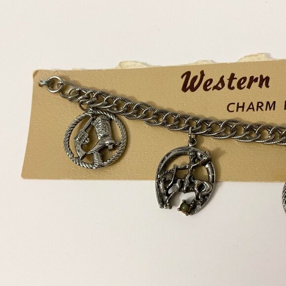 Vintage Western Faux Turquoise Charm Bracelet Cowboy Boots Horse Carriage Flaws - Picture 2 of 16